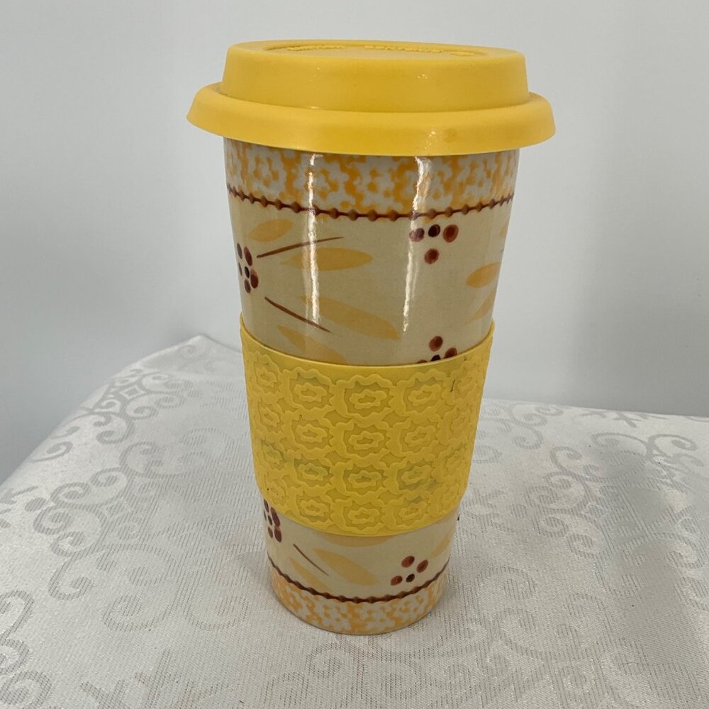 Temptations Old‎ World 16oz Travel Mug Lid Yellow Floral Design